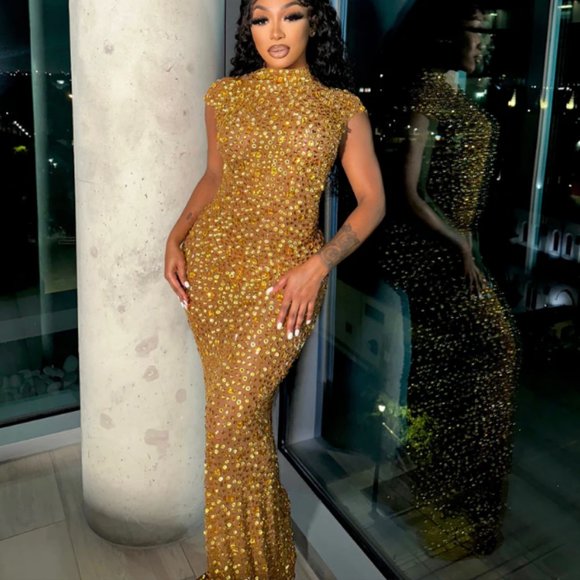 Gold custom embellished Maxi Dress - Picture 1 of 2